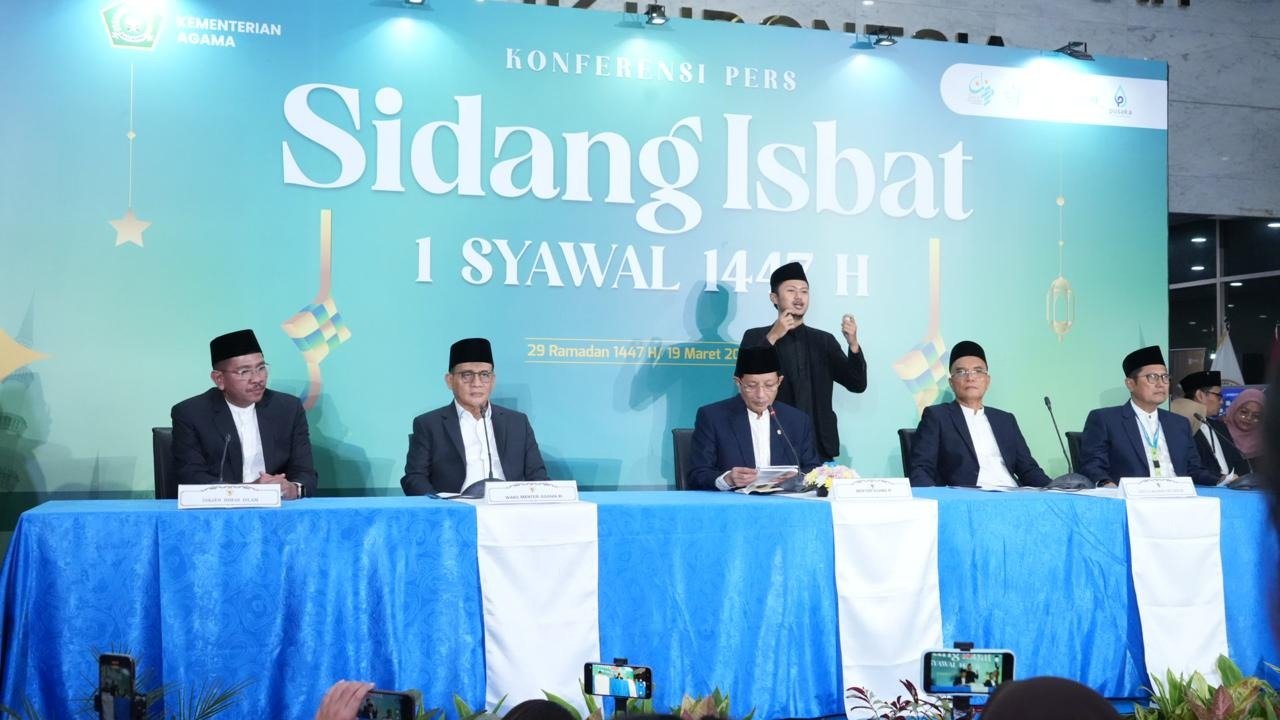 Konferensi pers Sidang Isbat penetapan 1 Syawal 1447 Hijriah di Kementerian Agama Republik Indonesia. Foto: Kemenag