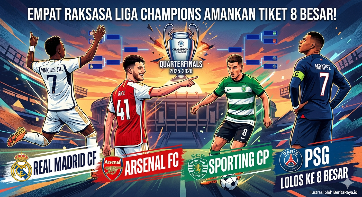 RESMI! 4 Raksasa sudah kunci tiket 8 Besar. Madrid gila, Arsenal meledak, PSG tangguh, Sporting buat kejutan. Siapa lawan mereka selanjutnya? Photo : Ilustrasi Beritaraya.id