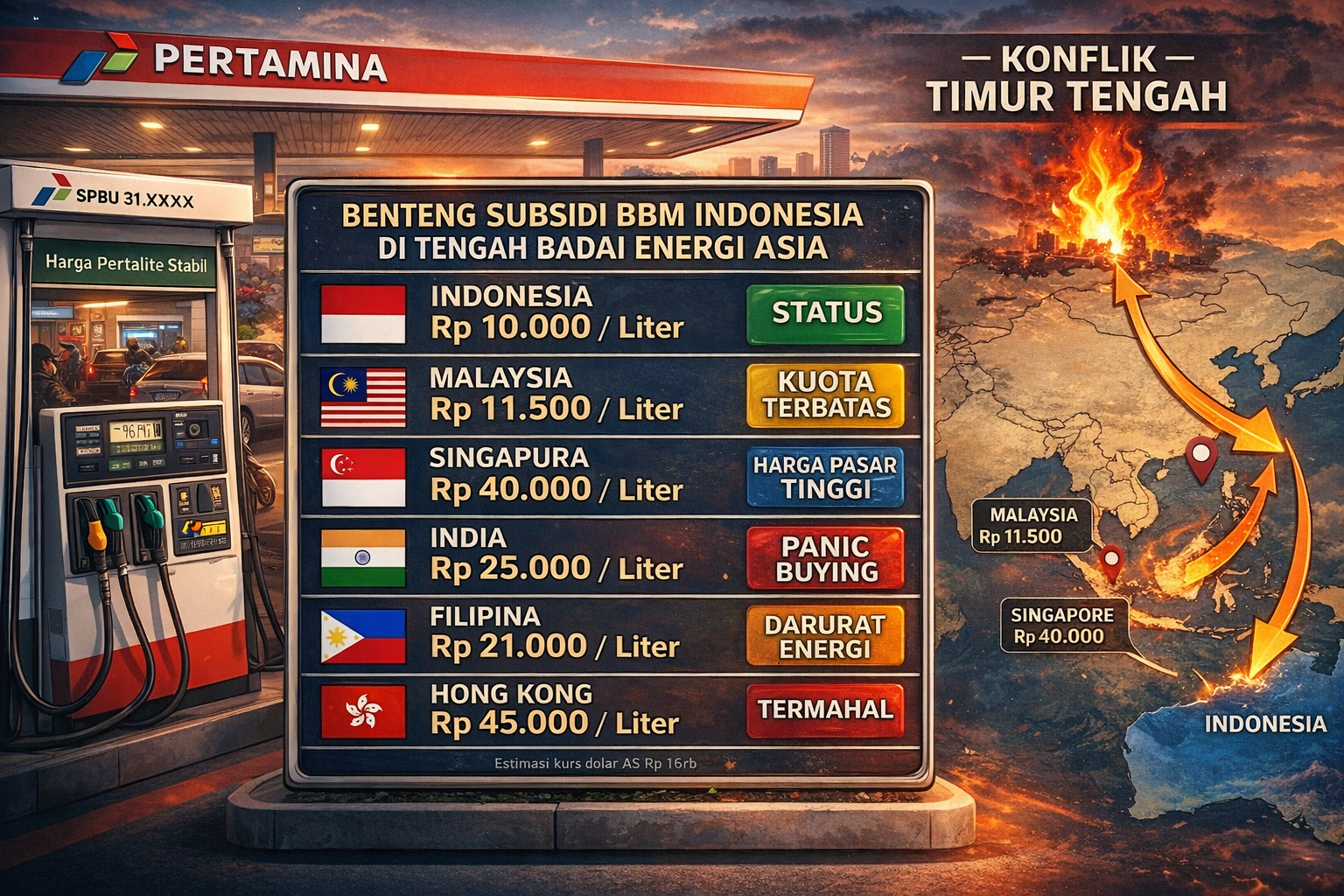 Minyak Dunia Tembus US$ 102. Warga India Borong BBM, Filipina Darurat Energi, Indonesia? 1 Ilustrasi perbandingan harga BBM di Asia Maret 2026, menunjukkan Indonesia dengan harga Pertalite stabil di tengah kenaikan global akibat konflik Timur Tengah