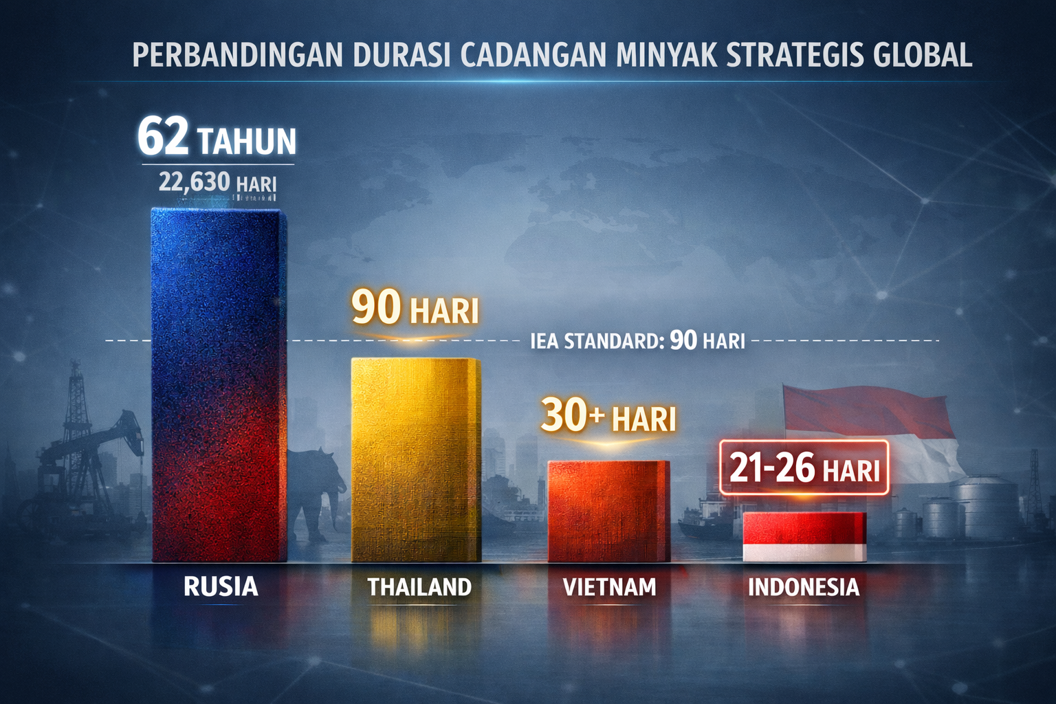 Infografis perbandingan durasi cadangan minyak strategis nasional: Rusia (62 tahun), Thailand (90 hari), Vietnam (30+ hari), dan Indonesia (21-26 hari). Menampilkan batang grafik yang mencolok.