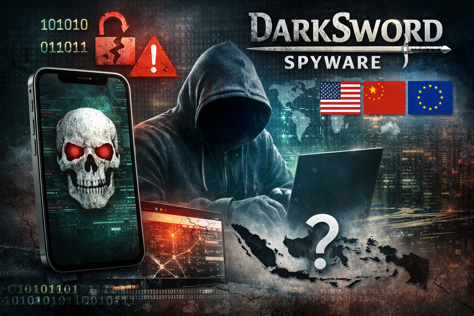 Ilustrasi menampilkan siluet peretas (hacker) dengan iPhone terinfeksi di latar digital bernuansa gelap yang menggambarkan aktivitas serangan siber. FOTO: ILUSTRASI